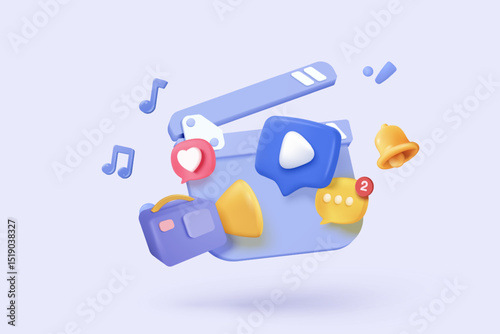 3D media data with video and photo gallery library. Searching image and video files in database. Document management soft, document form, compound docs concept. 3d file icon vector render illustration