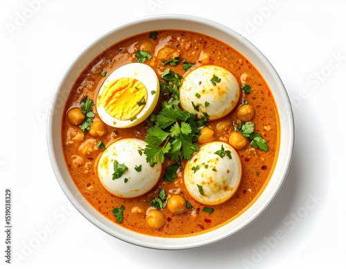 Delicious and creamy egg curry with chickpeas in a white bowl garnished with fresh cilantro served as a flavorful and healthy Indian dish.
