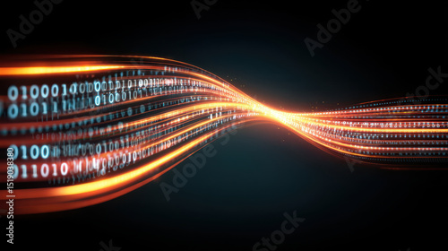 Futuristic data flow represented by binary code streams in glowing orange and blue light, symbolizing digital technology and innovation. dynamic wave design conveys energy and connectivity