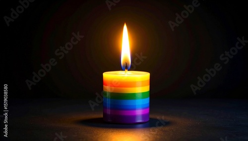 A single brightly lit rainbow candle burns in the dark A symbol of hope and remembrance