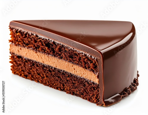 A delectable slice of rich chocolate cake with a smooth ganache topping and creamy chocolate filling sits on a white background perfect for dessert menus or baking blogs. photo
