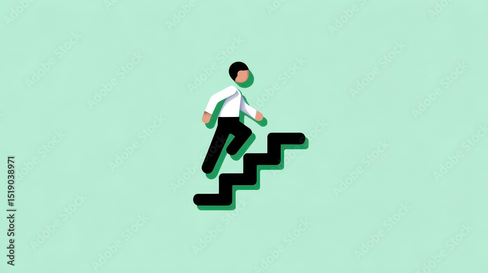 Minimal icon of businessperson climbing stairs, symbolizing progress, growth, and ambition. design features simple figure in formal attire on light green background Minimal icon of businessperson climbing stairs, symbolizing progress, growth, and ambition. design features simple figure in formal attire on light green background