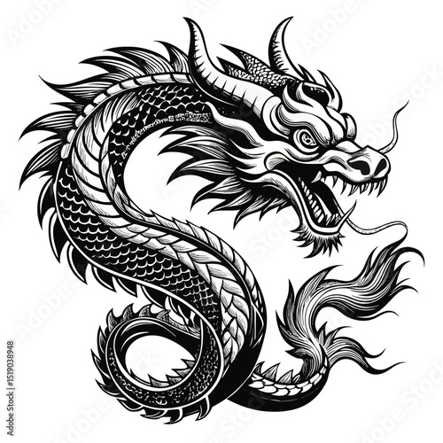 Majestic Chinese Dragon Illustration with Intricate Details in Black and White