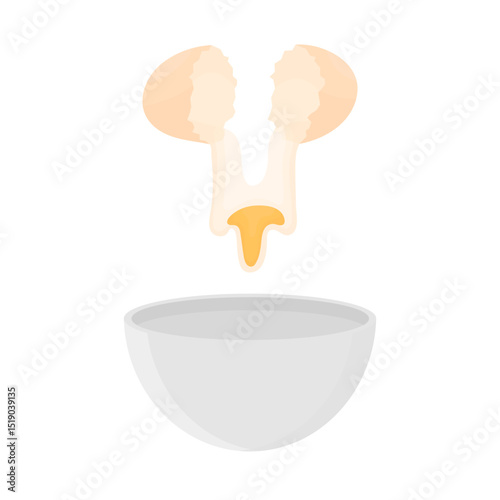 Chicken egg is broken into an iron cup. Concept of cooking dishes and desserts with the addition of eggs.