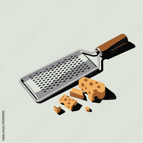 Illustration of a grater and pieces of cheese isolated on a light green background depicting culinary and food preparation concepts