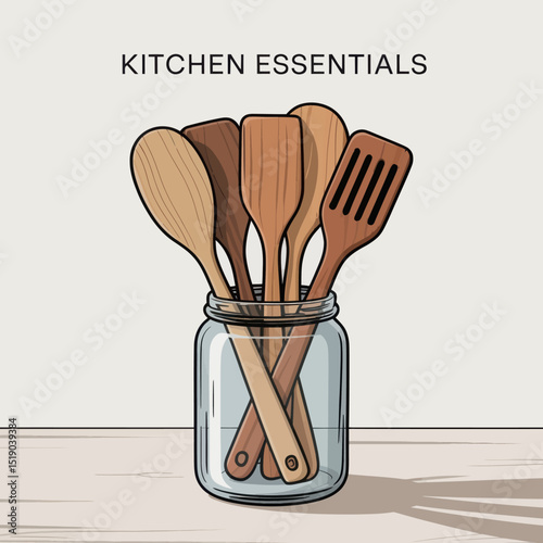 Illustration of wooden kitchen utensils displayed in a glass jar showcasing essential cooking tools on a clean background ideal for culinary concepts and designs