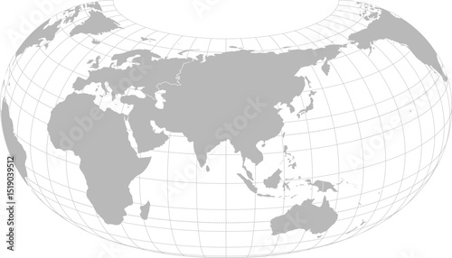 World vector map with continent boundaries and graticules (Asia centered view, 20 degrees north offset, Armadillo projection, PPT-compatible & fully editable)