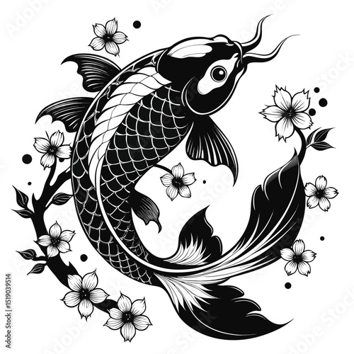 Koi Carp with Blossoms: The monochrome image reveals a Koi carp gracefully positioned among the delicate blossoms, embodying tranquility and cultural symbolism. The serene artwork is detailed.