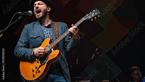 Talented musician singing passionately guitar in hand captivating performance electrifies the crowd