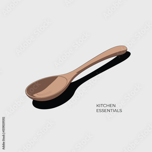 Isolated wooden spoon with long shadow and text kitchen essentials on a light gray background representing culinary tools and kitchenware