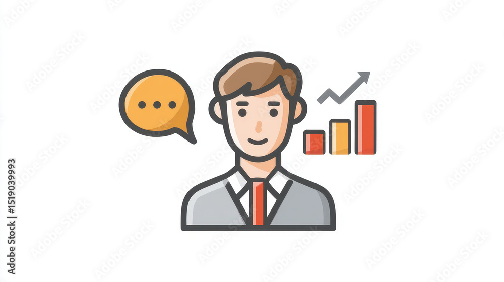Illustration of business consultant with speech bubble and bar chart showing growth, symbolizing communication and success in business Illustration of business consultant with speech bubble and bar chart showing growth, symbolizing communication and success in business
