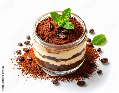 A delectable Italian tiramisu dessert is artfully presented in a clear glass jar dusted with cocoa powder and garnished with fresh mint leaves and coffee beans on a pristine white photo