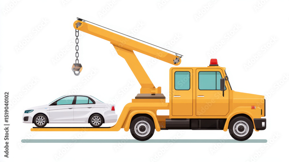 Naklejka premium Yellow tow truck lifting broken down white car with crane hook, isolated on white background. vehicle is depicted in clean and detailed style
