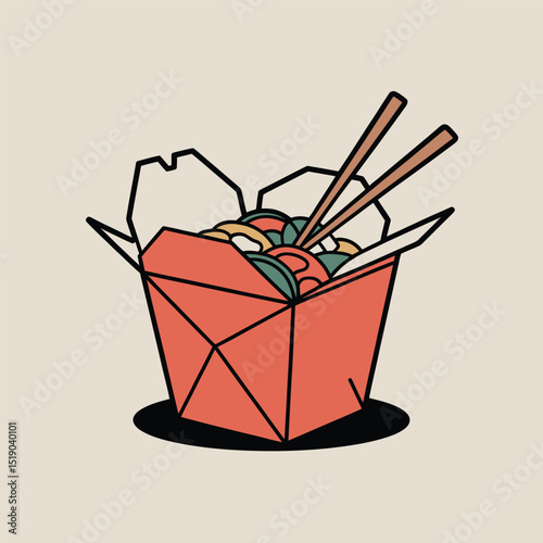 Simplified illustration of chinese takeout box filled with noodles and accompanied by chopsticks on a neutral background