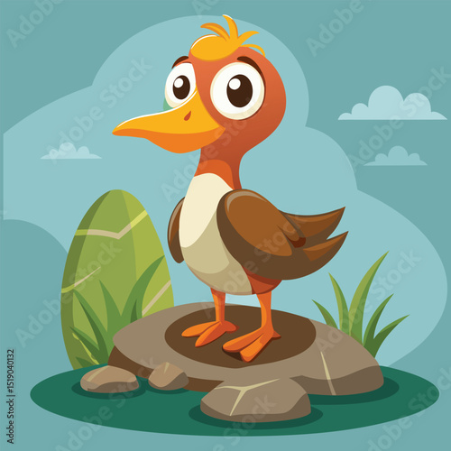 Cute cartoon duckling on a rock by the water