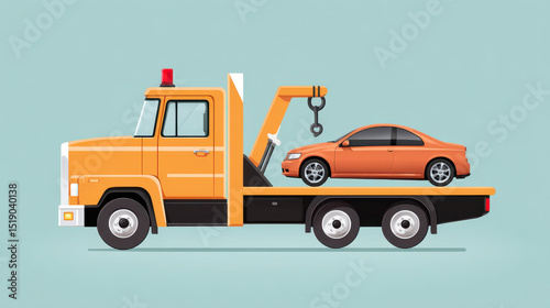 Orange tow truck with red light on top is lifting broken down orange car on its flatbed against light blue background, showcasing clean and professional design