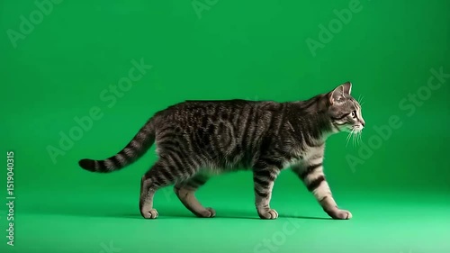 Striped Cat Walking on Green Screen Background Stock Footage for Video Editing
