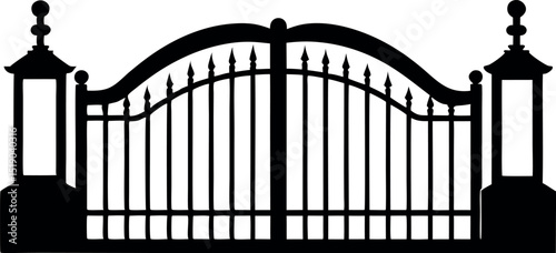 Silhouette of an ornate gate with spear topped posts and gate pillars vector silhouette  