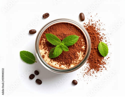 A delectable serving of classic tiramisu dessert is presented in a clear glass dish garnished with fresh mint leaves and cocoa powder accompanied by coffee beans on a pristine