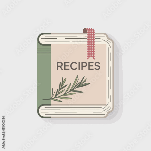 Stylized illustration of a recipe book with rosemary and a ribbon bookmark culinary and cookbook design for creative projects