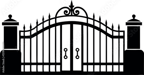 Silhouette of a Wrought Iron Gate with Two Gate Posts vector