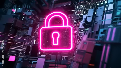 Futuristic digital lock symbolizing cybersecurity amidst a vibrant tech landscape with glowing elements