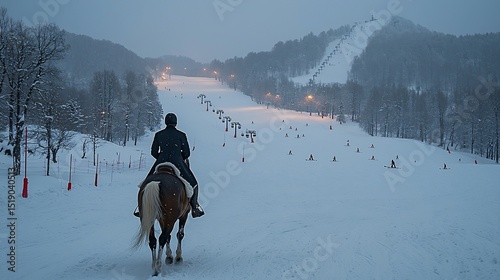 Horseback rider on a snowy slope at dusk, skiers and snowboarders visible in the background