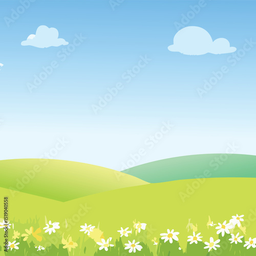 Grass and sky background. Crayon kid landscape with spring field. Vector green grass, flower, blue sky, cloud child wax pastel painting.children, border, chalk, doodle, draw, land, lawn, meadow, paint