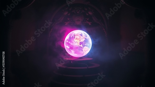 Glowing earth globe with pink and blue hues floating in a dark and mysterious looking environment
