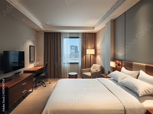 Interior view of a hotel room with a bed desk chair tv and a window with city views in the background