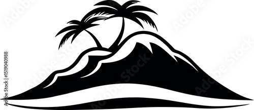 Tropical island scene with palms and waves graphic vector silhouette Generative AI