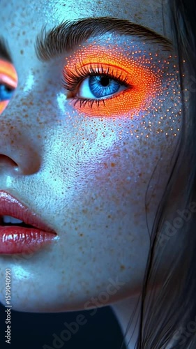 Unique artistic makeup shines with vibrant colors highlighting features in creative display
