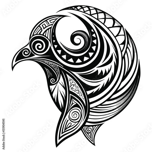 Stylized Bird Head Design with Intricate Tribal Tattoo Patterning in Black