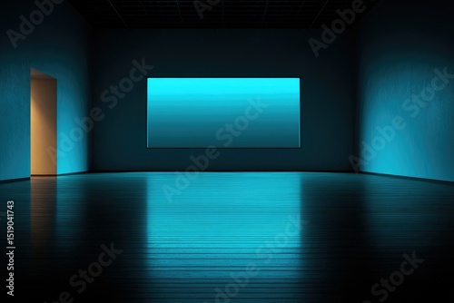 A dark, empty room with a large, light-blue rectangular window on the far wall, reflecting on the polished floor.  A door is visible to the left