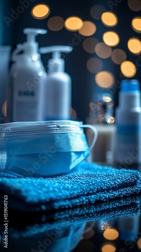 Hygiene items, including a face mask and hand sanitizer, arranged on a reflective surface.  Soft, warm lighting in background