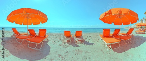 Idyllic beach scene with vibrant orange umbrellas and lounge chairs on pristine sand, facing a calm ocean under a clear sky