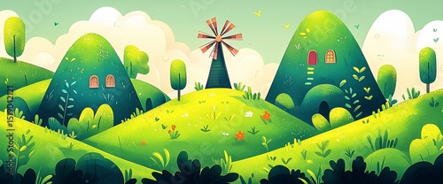 Idyllic landscape with rolling green hills, a windmill, and small houses nestled into hillsides