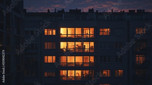 Illuminated apartment building at dusk, showcasing warm interior lights contrasting against the dark exterior
