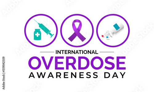 International Overdose Awareness Day. Unite for Prevention, Remember with Purpose. Syringe, pills, Medicine bottle, Capsules with powder or granules.. Purple Realistic ribbon. Banner poster, backgroud