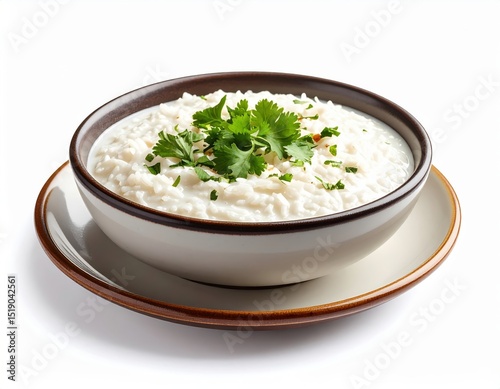 A creamy white rice dish garnished with fresh cilantro is served in a rustic bowl on a small plate against a clean white background.