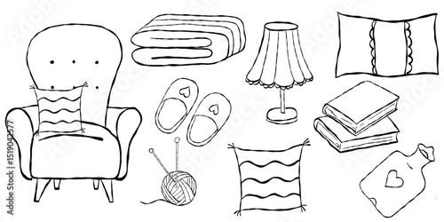 Set of doodle cottagecore elements. Cozy chair, lamp and embroidery. Slippers, yarm, knitting and books. Still life elements