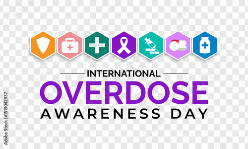 International Overdose Awareness Day. Unite for Prevention, Remember with Purpose. Syringe, pills, Medicine bottle, Capsules with powder or granules.. Purple Realistic ribbon. Banner poster, backgroud