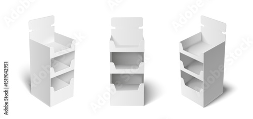 Set of white cardboard point of sale display stands with shelves. Blank retail product exhibitors, POI POS mock up isolated. 3d vector empty promotional countertop holders for branding designs.