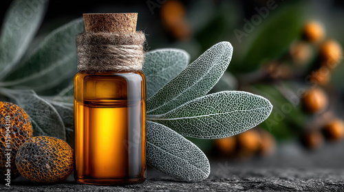 Small amber glass bottle filled with essential oil is placed on rustic wooden surface, surrounded by green leaves and decorative natural elements, evoking sense of tranquility and wellness