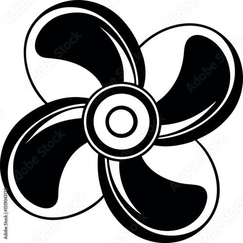 Four bladed propeller fan with circular center hub in monochrome style vector silhouette Generative AI