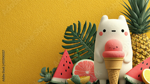 Cute ice cream character surrounded by vibrant fruits like watermelon, pineapple, and citrus on bright yellow background, creating cheerful and playful atmosphere