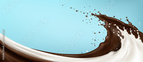 Chocolate with milk splash wave, liquid swirl with drops on blue background. Brown and white dairy product flow, creamy cocoa drink. Food advertising or packaging design element. 3d sweet beverage.