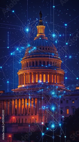 Illuminated capitol building at night, overlaid with a network of glowing lines, symbolizing connectivity and information flow