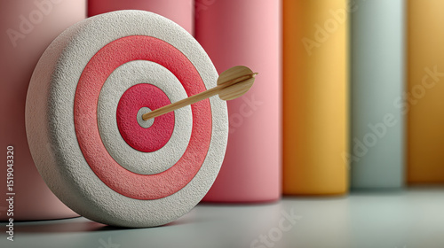 Simple white target with concentric red rings is positioned against backdrop of pastel colored cylindrical shapes, evoking sense of focus and achievement. arrow is embedded center, symbolizing