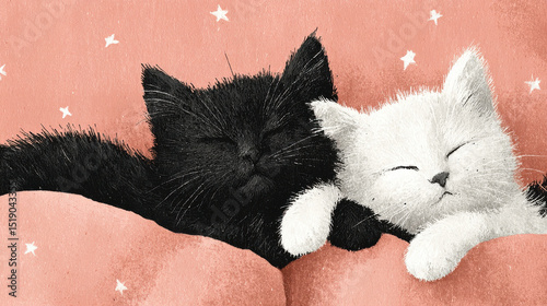 Snuggling kittens on pillow create heartwarming scene, showcasing black kitten and white kitten peacefully resting together. Their cozy expressions evoke feelings of comfort and joy